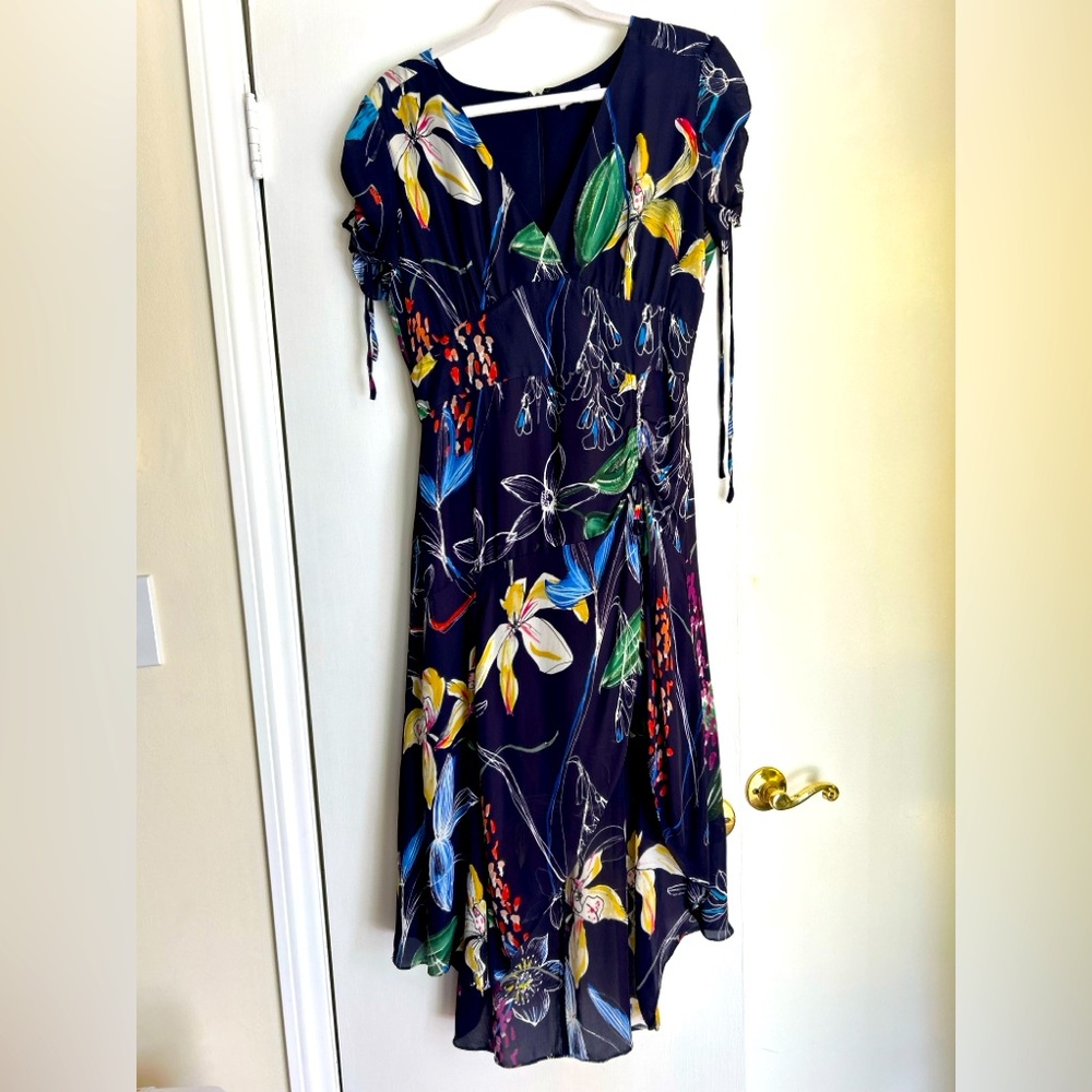 Parker Lizzy Dress in Cosmic Fleur, Navy Silk Floral Midi, sz 8